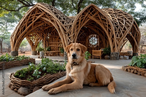Traditional village shelter with stone pathway high resolution photo
