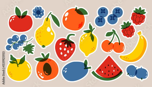 Fruits and berries stickers. Vintage botanical print with apple, cherry, plum, strawberry, blackberry, blueberry, raspberry, gooseberry risograph style. Vector isolated fruit set
