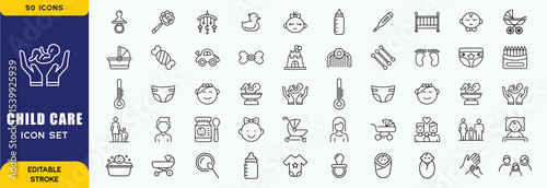  Child care icon set featuring baby items, parenting tools, safety symbols, and childcare essentials. Ideal for daycare, health, and family-related designs