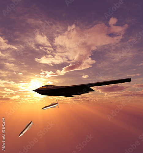 B-2 Spirit, Stealth Bomber, heavy strategic bomber, stealth technology designed to penetrate dense anti-aircraft defenses and GBU-57 MOP (Massive Ordnance Penetrator) bunker buster bomb. 3d rendering