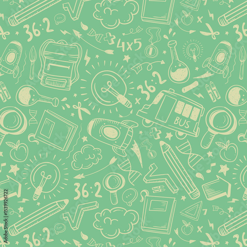 Education doodle seamless pattern. Science line hand drawn elements - mathematics formula, chemistry molecule, dna, graph, scientific experiment vector repeated background