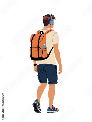 Vector illustration of young man in summer sport style clothes, wearing headphones and carrying a backpack, rear view. Isolated on transparent background. Youth, travel, and lifestyle concept