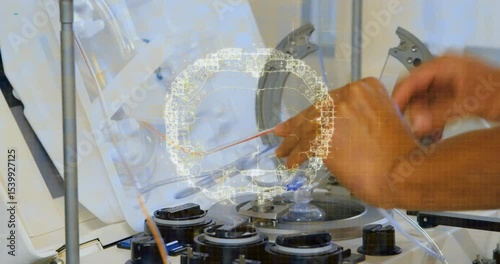 Holographic brain forming causing tech's hands inserting locking tubing, aligning overlay for setup