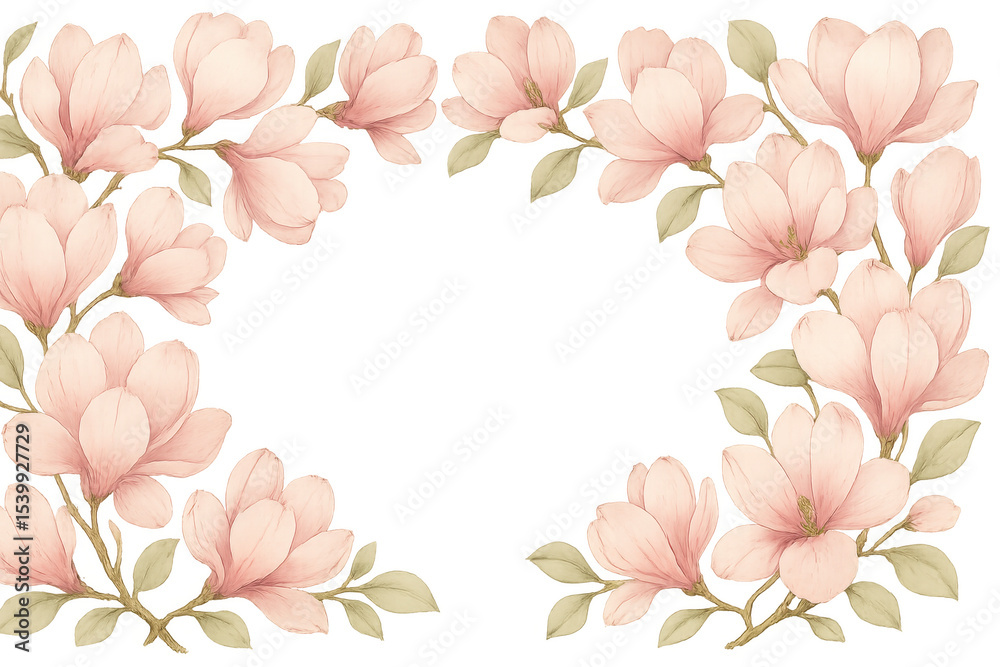 Fototapeta premium Elegant frame made of blooming pink magnolia flowers and leaves, perfect for spring designs on a transparent background