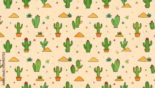 Cactus Desert Seamless Pattern.