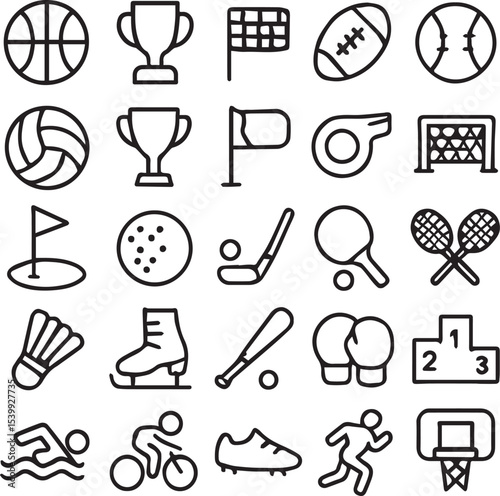 Sports icon set line art vector illustration. Different sports related icon collection.