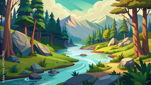 A serene river winds its way through a lush forest, surrounded by scattered rocks and tall trees providing a natural backdrop Very beautiful