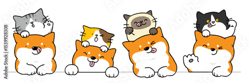 Vector Illustration of Cartoon Dog and Cat Couple Characters on Isolated Bckground. Hand Drawn Vector Illustration.