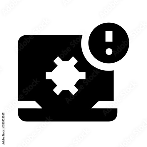 Bold black icon showing a laptop with a gear symbol and exclamation mark, indicating a system exploit or vulnerability alert.
