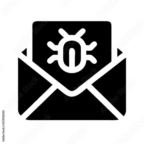 Black icon showing a bug inside an envelope, representing email-based malware, phishing, or virus threats in communications.
