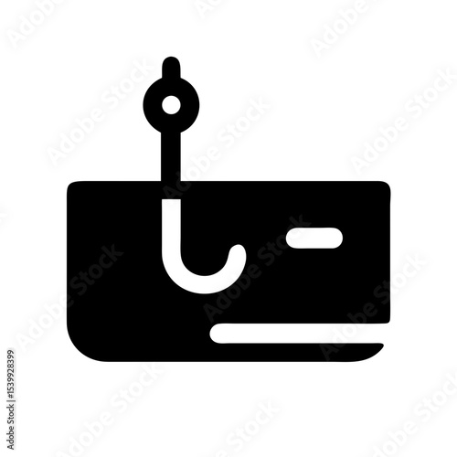 Black phishing icon with a hook over a credit card, symbolizing cyber fraud, identity theft, and phishing scams.
