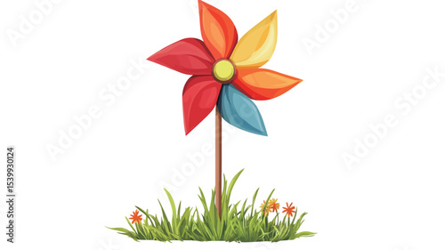 A digital illustration of a pinwheel with red, yellow, blue, and orange petals. The pinwheel is depicted on a thin brown stick, standing in a patch of green grass with small, simple flowers.