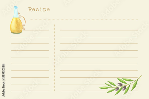 Recipe notepad with hand painted watercolor illustration of olive branch and oil bottle. Vintage old paper style.