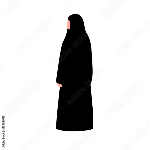 Illustration of a woman wearing a black abaya and hijab standing on a white background