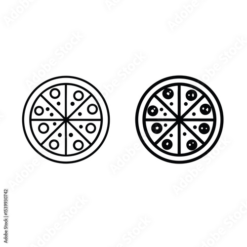 Two pizza icons with eight slices each and different topping styles in black and white