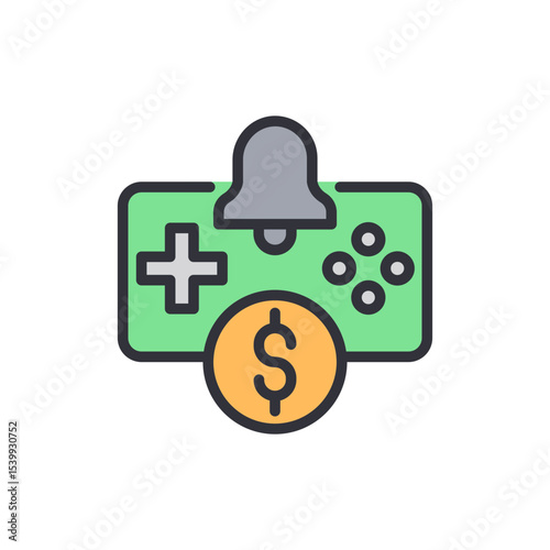Controller Symbol With Notification Bell And Dollar Sign For Game Monetization