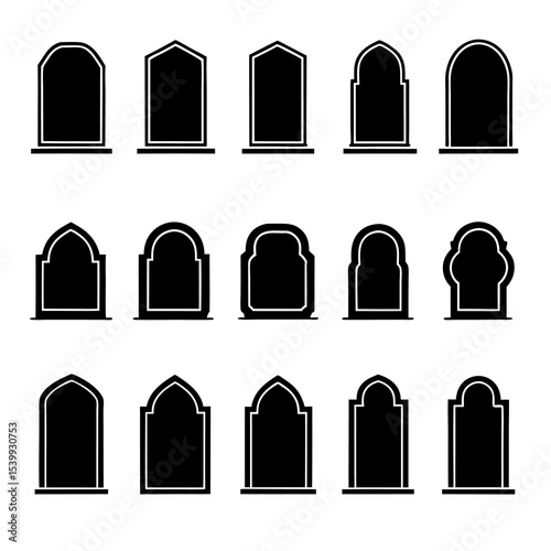 Various black tombstones arranged in rows against a white background graphic design