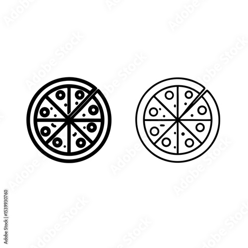 Two outline illustrations of pizzas each divided into eight slices with toppings