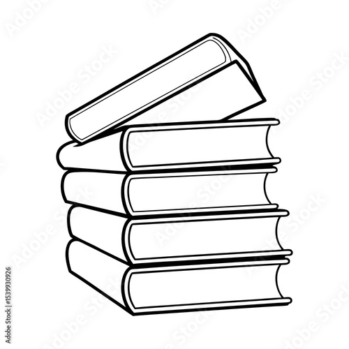 A black and white illustration of a stack of books with one book on top at an angle