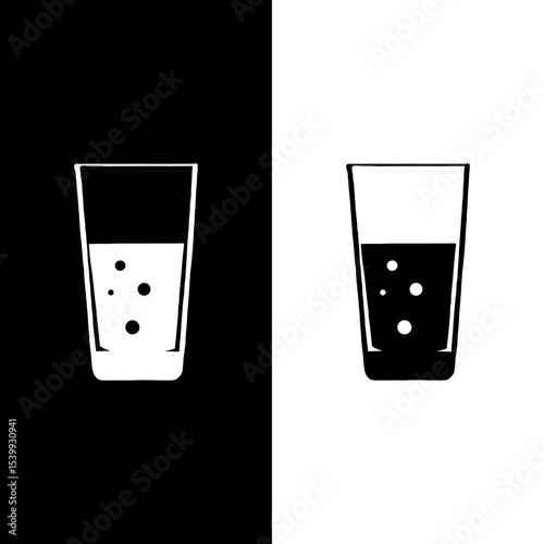 Two glasses filled with liquid and bubbles on contrasting backgrounds in black and white