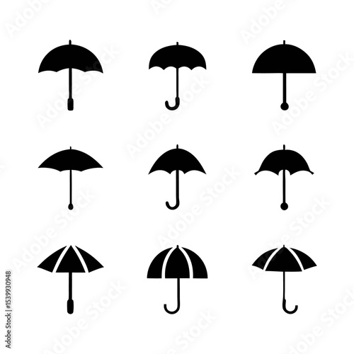 Collection of nine black umbrella icons in a grid layout on a white background