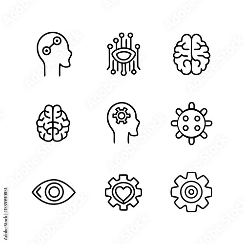 Collection of nine black and white icons depicting artificial intelligence themes