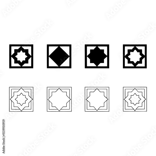 Eight square frames containing geometric shapes in black and white variations