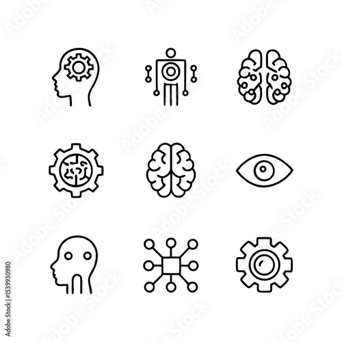 Nine black outline icons representing artificial intelligence and human intellect
