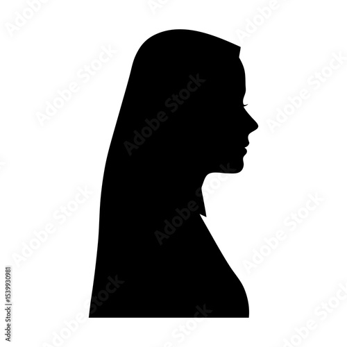 Silhouette of a woman with long hair in profile against a white background art