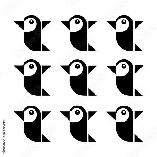 A pattern of nine black and white stylized bird icons arranged in a grid format