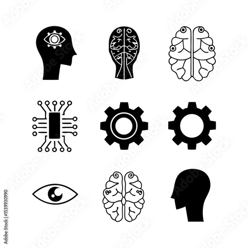 Nine black and white icons representing artificial intelligence and human anatomy