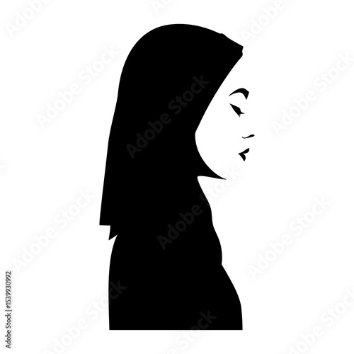 Silhouette of a woman wearing a hijab looking down in black and white vector art