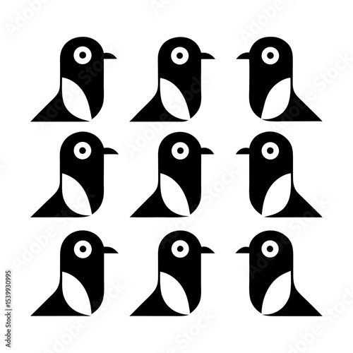 Nine cartoon birds arranged in a square grid pattern on a white background design