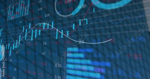 Loading dark grid, UI animating bars, lines, overlays and charts cycling, visualizing trends