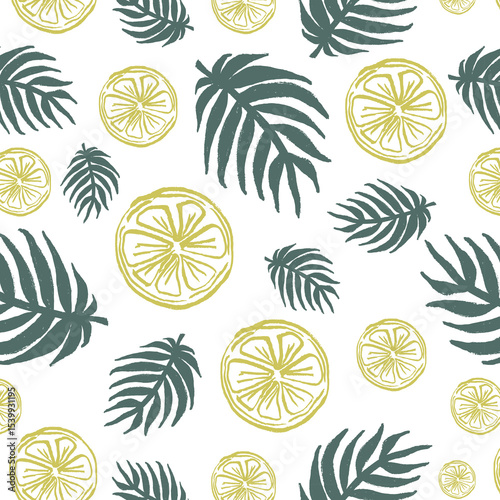 Contemporary seamless pattern with lemon, lemon slice, mint leaves and abstract element. Texture for textile, wrapping paper, scrapbooking, packaging etc. Vector.