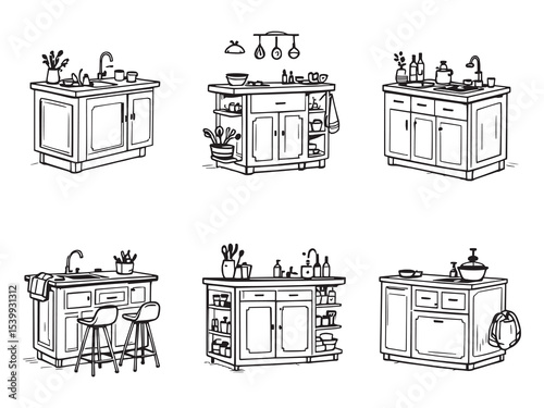 minimalist kitchen island with storage drawers vector drawing