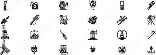 Collection of Tools and Equipment Icons Representing Various Trades and Industries in Black and White