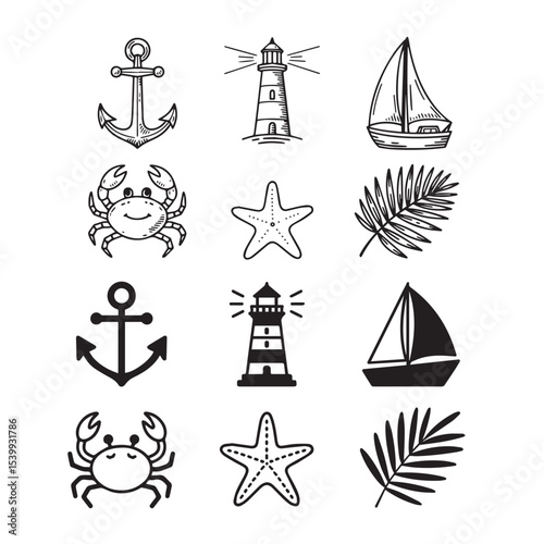 Bold Coastal Vacation Doodle Set – Anchor, Lighthouse, Sailboat, Crab – Thick Line Nautical Vector Clipart for T-Shirts & Souvenirs