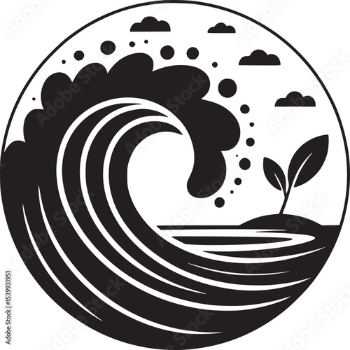 A black and white illustration of a beaker with liquid and bubbles rising from it on a white background