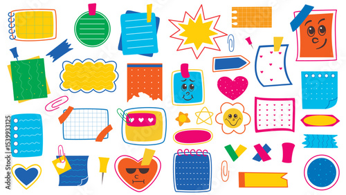 Set of colorful paper notes in doodle style. Notes and stickers, papers, pages - cute illustrations. Hand drawn paper memos for mood. Vector elements