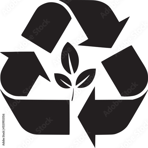 Black recycle symbol with leaves in the center on a white background for environmental conservation