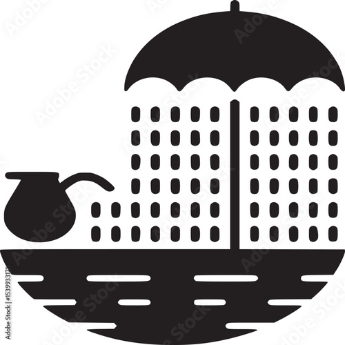 Black and white illustration of a pitcher under an umbrella in the rain over water with lines