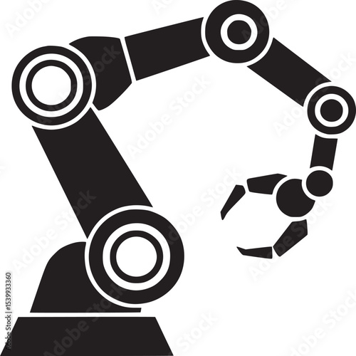 A black and white illustration of a robotic arm with visible joints and a gripper on a white background