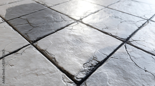A close up of off grey textured 3D tiles arranged in a precise grid revealing subtle cracks chips and rough surfaces with grout lines under reflective light capturing details and depth