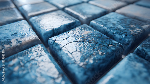 A close up of off blue textured 3D tiles arranged in a precise grid revealing subtle cracks chips and rough surfaces with grout lines under reflective light capturing details and depth