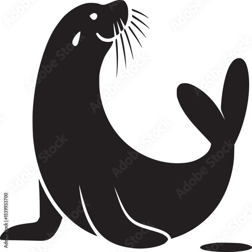 Silhouette of a seal with whiskers looking up and resting on its flippers on a white background