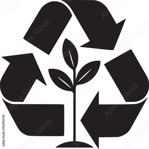 Black recycle symbol with a plant growing in the center on a white background in a simple illustration