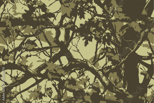 A camouflage-patterned background with tree branches and leaves.Real tree forest camouflage seamless pattern design pattern for hunting and military uniform. Hunting camouflage