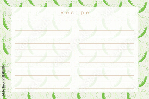 Blank recipe card template with green pea pod pattern background.