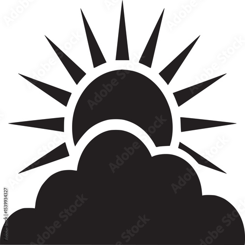 A stylized black and white illustration of the sun partially obscured by a cloud formation above it